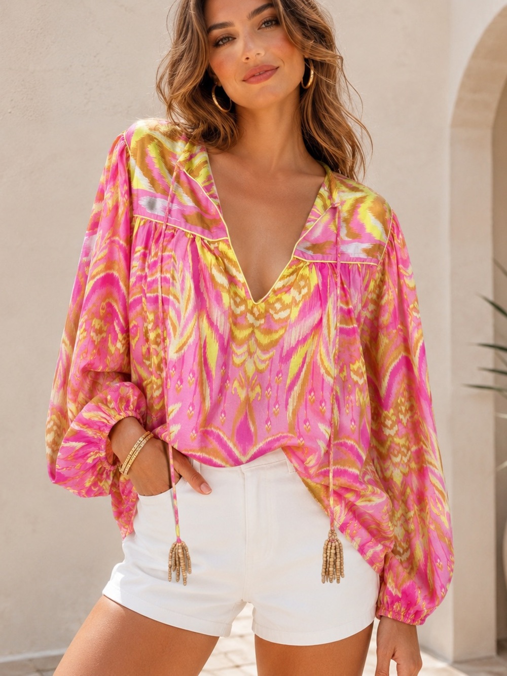 FARM Rio Pink Pineapple Tapestry Blouse Tassel Tie NWT M $190